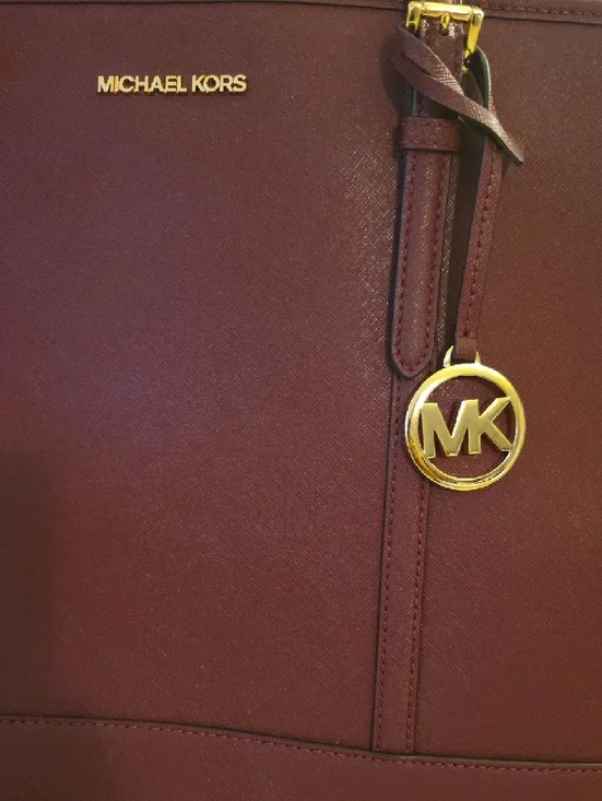 Michael Kors Wine Red Leather Tote with Gold MK Charm - Picture 2 of 5